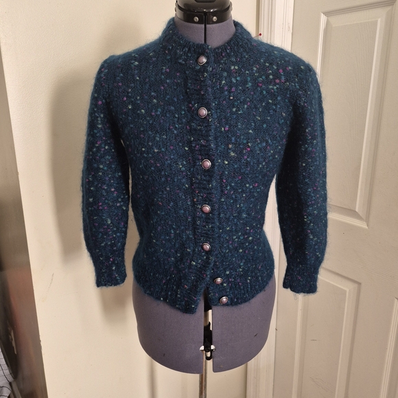 Vintage Sweaters - Vintage Haur Hwa Teal Blue/Green Wool Cardigan Sweater w/ Colorful  Flexs  Med.